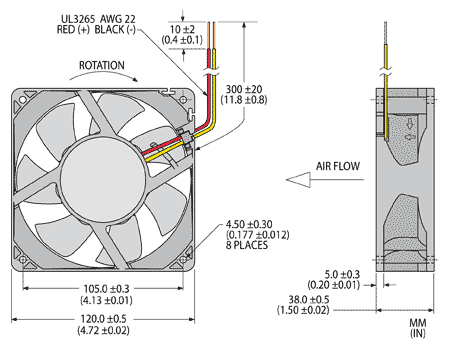 Dimension drawing for NidecT12E UltraFlo tube axial cooling fan