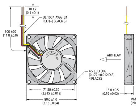 Dimension drawing for Nidec U80R UltraFlo tube axial cooling fan