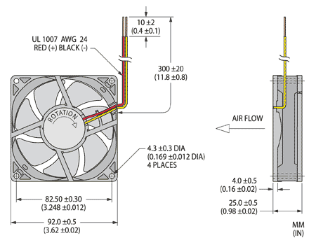 Dimension drawing for Nidec T92T UltraFlo tube axial cooling fans